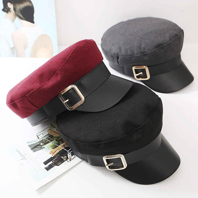 Women's Temperament All-match Woolen Leather Stitching Hat