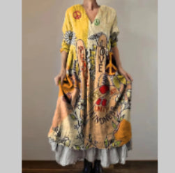 Womens Fashion Off-Shoulder Printed Three-Quarter Sleeve Swing Dress