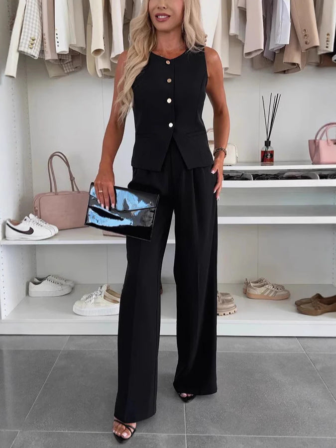 Elegant Commuter Suit V-neck Buttons Decorative Vest Trousers