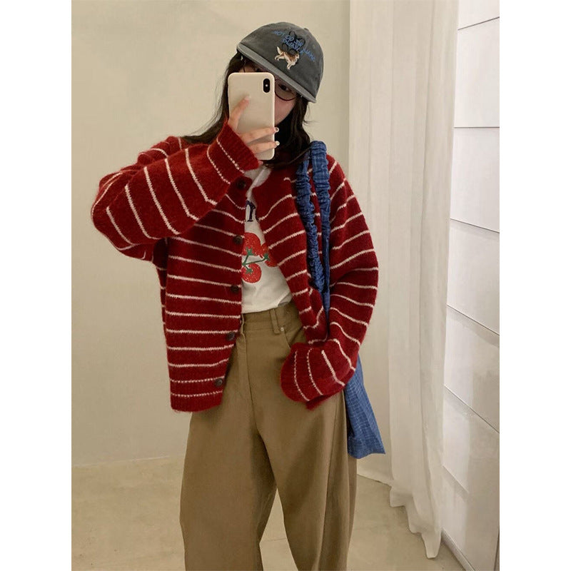 Mixed Color Stripe Long Sleeve Women's Sweater Jacket