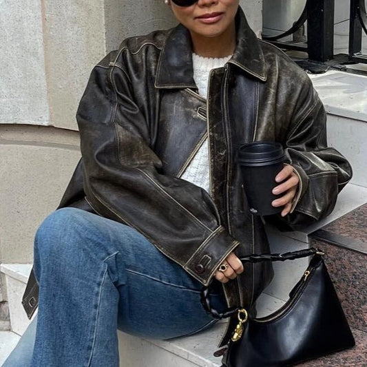 Jacket Coat Retro Washed Brushed Brown Distressed