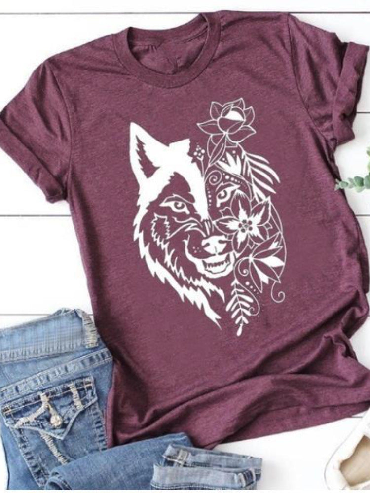 Women's Wolf Head Printed Short-sleeved Top