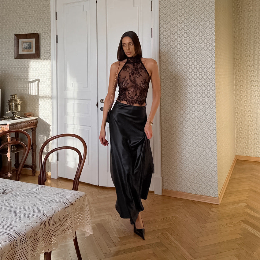 Black Lace Sheer Halter Top And Satin High-waisted Skirt Two-piece Set