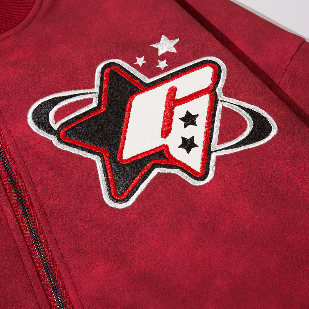 Ins American-style Street Fashion Leather Embroidered Letter Baseball Uniform Jacket