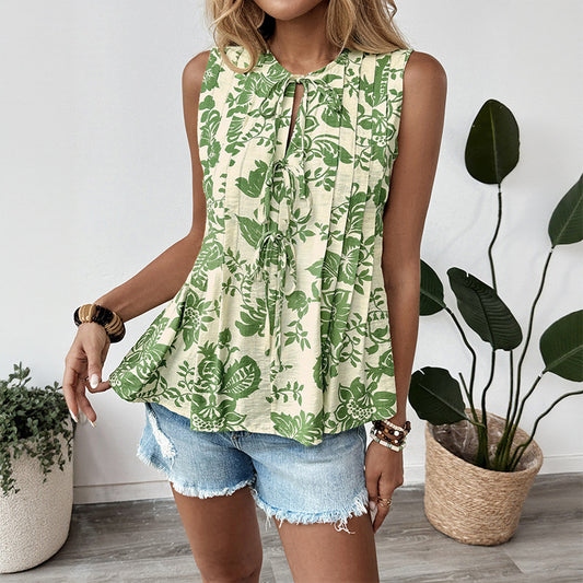 Temperament Top Pleated Tie Women's Sleeveless Shirt