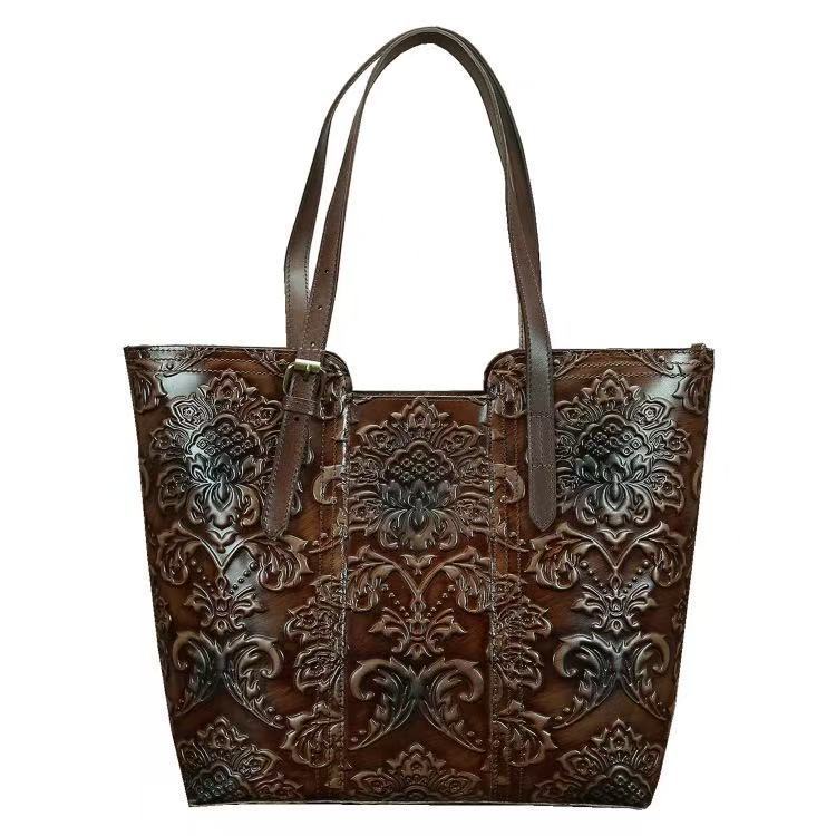 Vintage Embossed Full-Grain Leather Large-Capacity Tote Bag