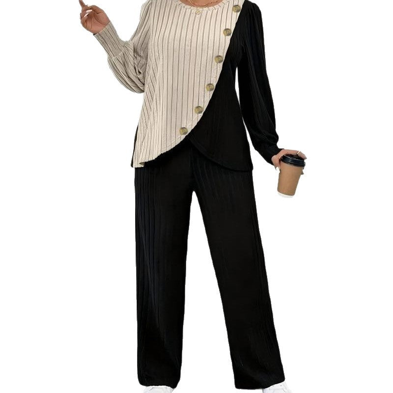 Round-neck Long-sleeve Soft Knit With Textured Color Blocks And Asymmetrical Design