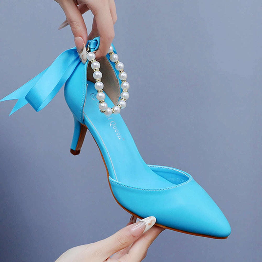 Mid Heel Rhinestone  7cm    Beaded Ribbon Sandals Matte Soft PU Leather Dress Shoes For Women