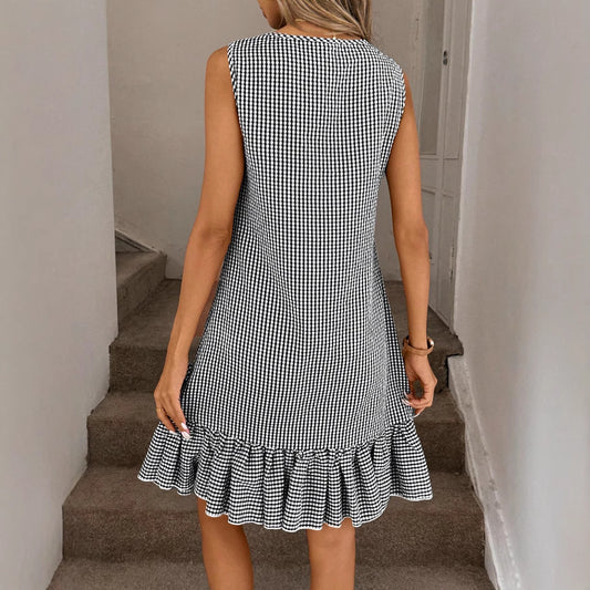 Elegant Sleeveless Womens French-Style Mini Black And White Plaid Shift Dress