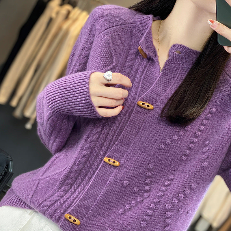 Pure Wool Cardigan Women Loose Crew Neck Coat