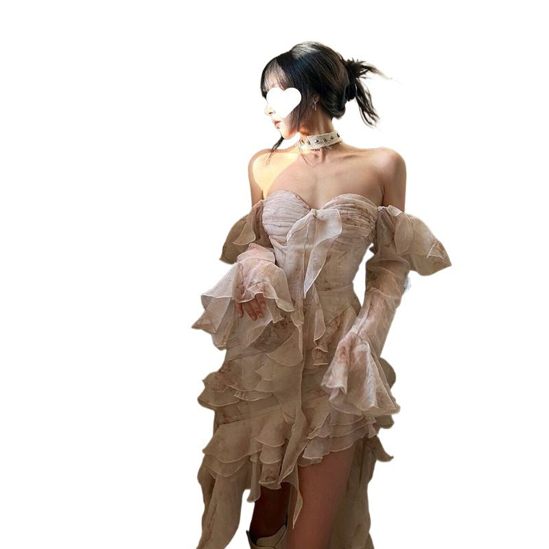 Creamy Rose-dyed Irregularly Ruffled Trailing Gown