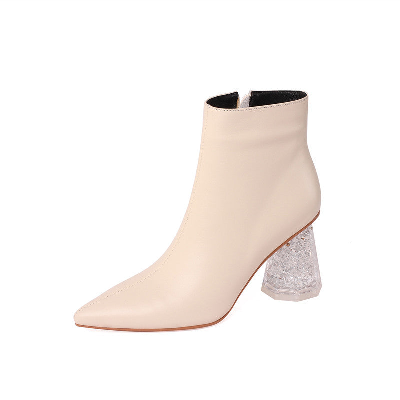 Pointed Toe Short Boots Women Crystal Thick Heel High Heel Retro Boots Single Boots