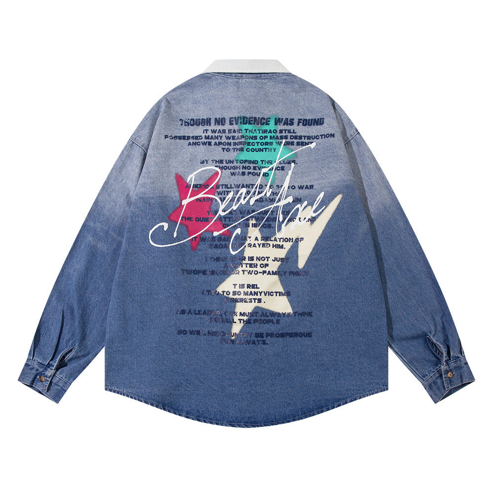 Trendy Design Five-pointed Star Letter Printing Denim Shirt