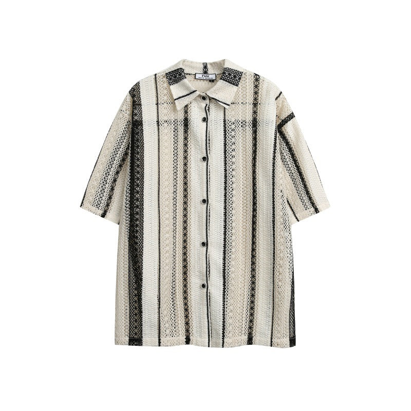 Japanese-style Retro Striped Hollow Contrast Color Mesh Loose Short Sleeve Shirt