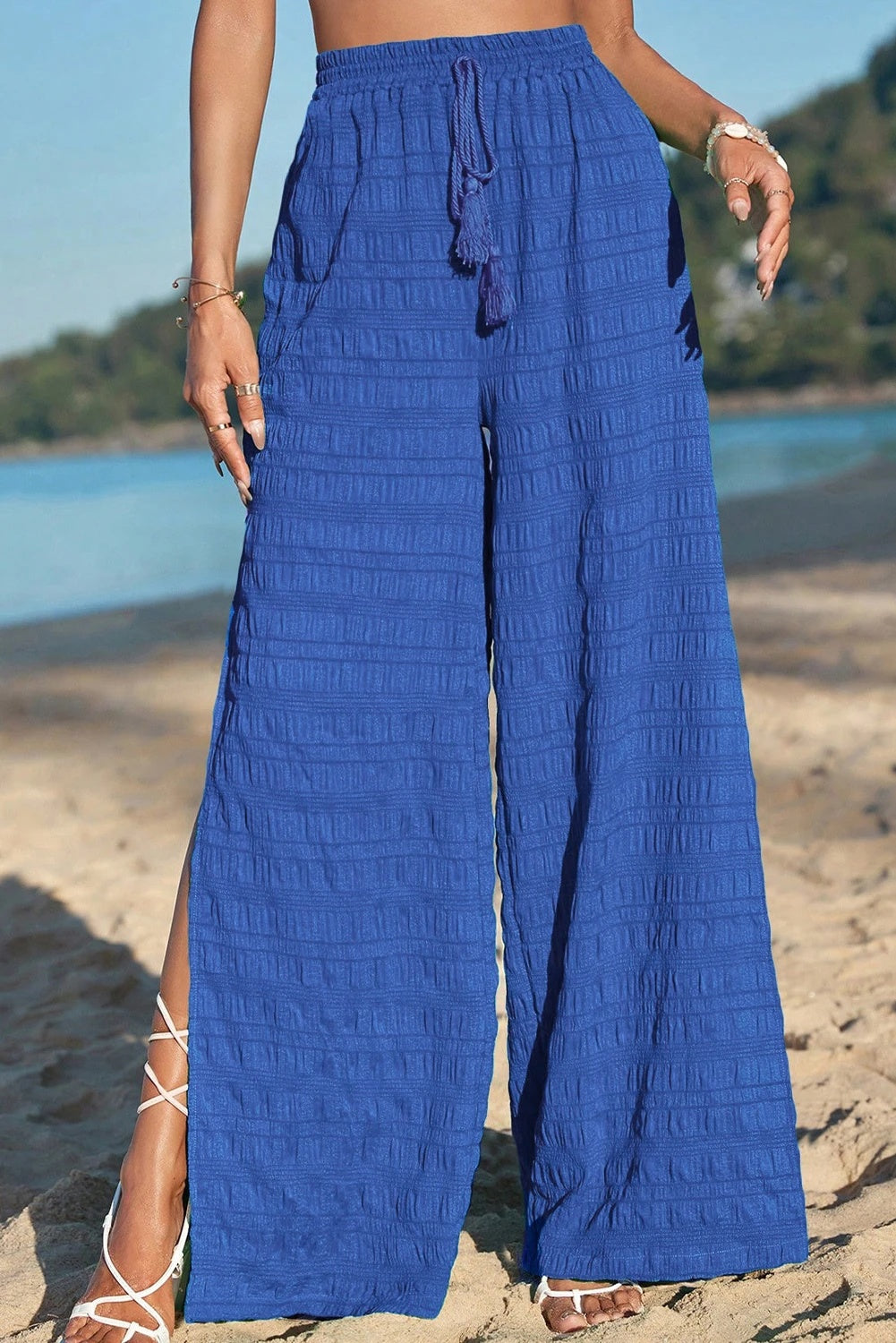 Dark Blue Textured Wide-leg Pants With Slits
