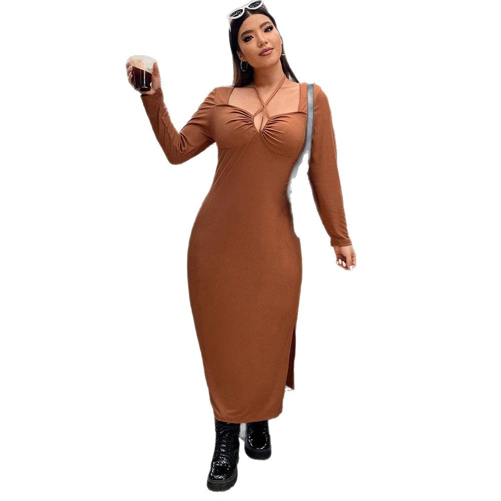 European And American-style Caramel-colored Halter Dress For Women