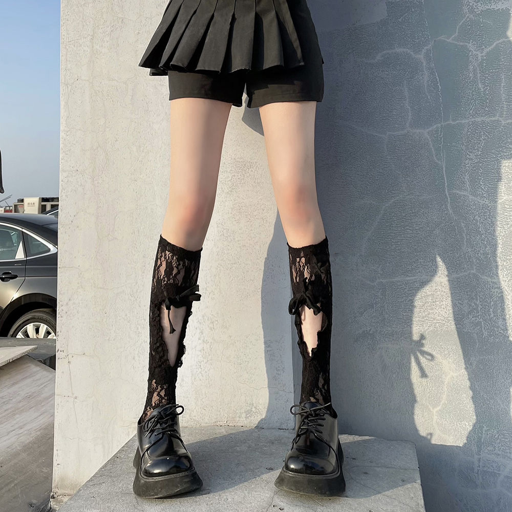 Pure Desire Wind Bow Hollow Calf Lace Socks Women