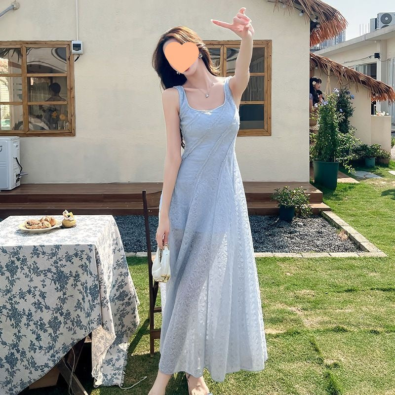 French-style Blue Square-Neck Strap Dress Womens Waist-Cinching Slimming Dress