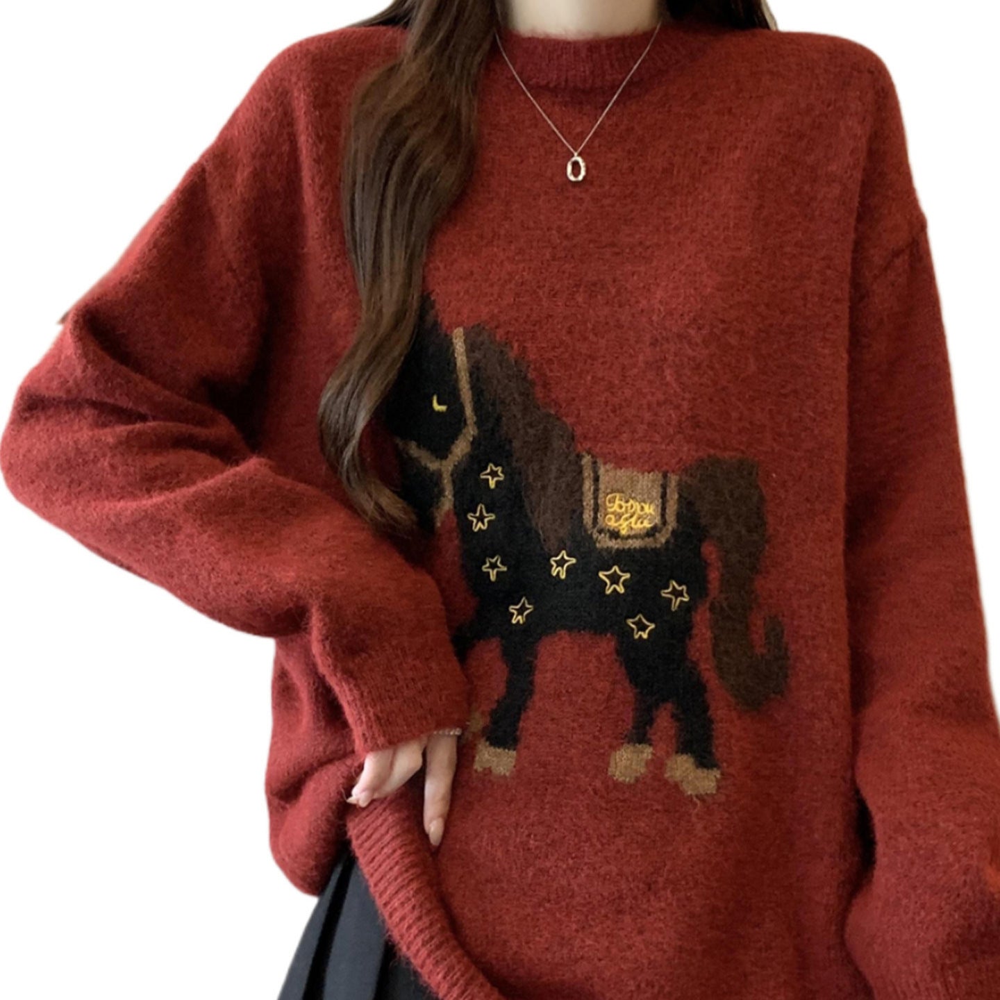 Laid-back Youth-boosting Super-cute New Year RedJacquard Sweater