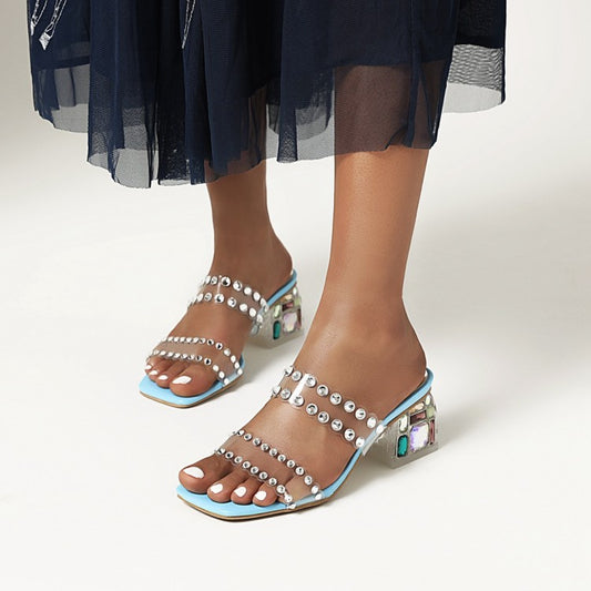 Stylish Studded Square Toe Chunky Heel Sandals