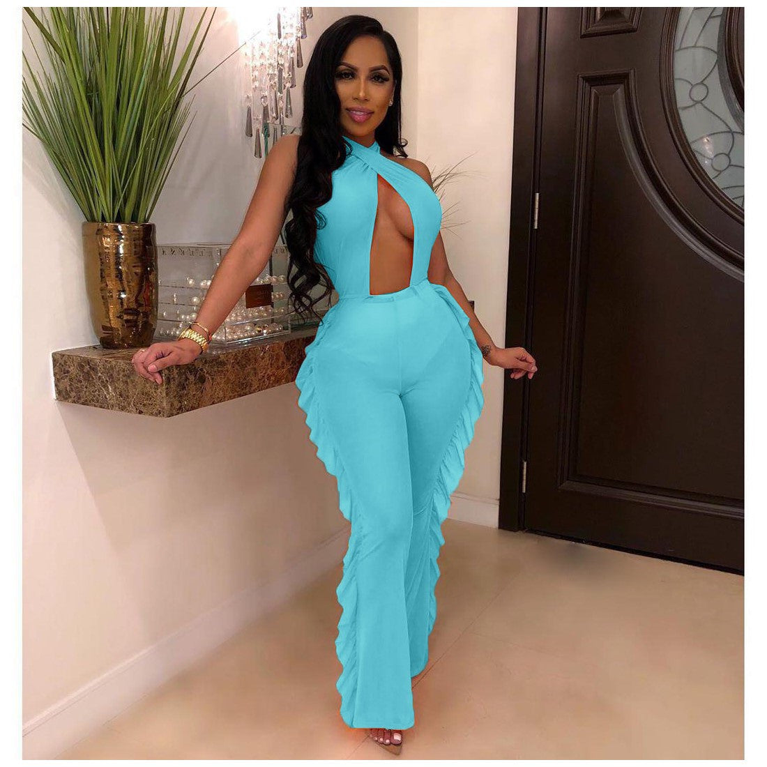 European And American Solid Color Swimwear Mesh Jumpsuit With Panties