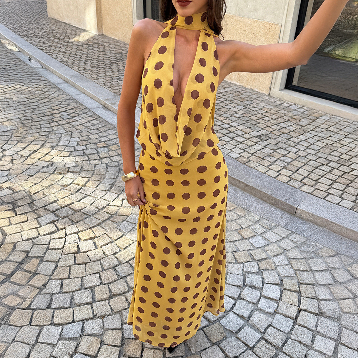 SpringSummer Retro Elegant Neck-Close Deep V-Polka-Dot Dress