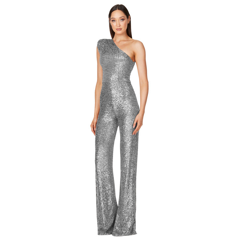 Sleeveless One-shoulder Fashion High Waist Design Sequined Jumpsuit