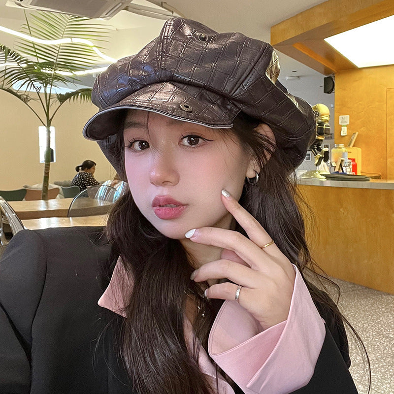 PU Leather Cloud British Retro High Quality Small Octagonal Cap Autumn And Winter Temperament