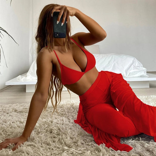 Split 3-piece Mesh Solid-color Instagram-style Long-pants Bikini Set