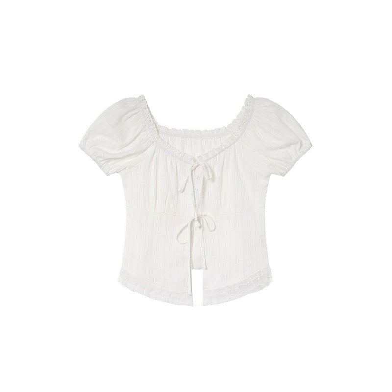 Lace Edge Lace-up Short-sleeved Shirt Women's Top