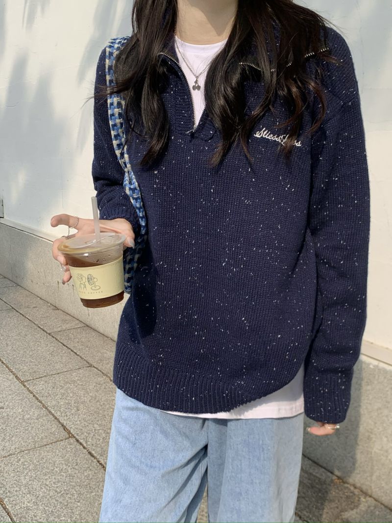 Gentle College Polka Dot Embroidery POLO Collar Knit Sweater Women