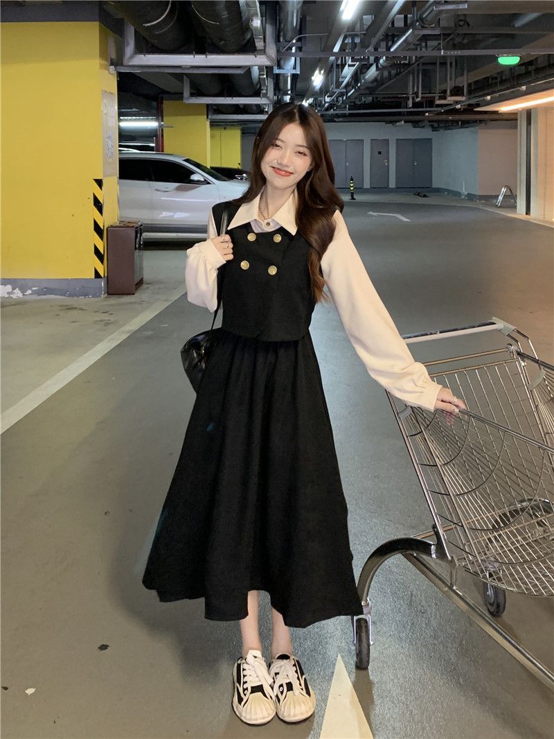 Womens Vintage French-Style Mock Two-Piece Long-Sleeve Dress