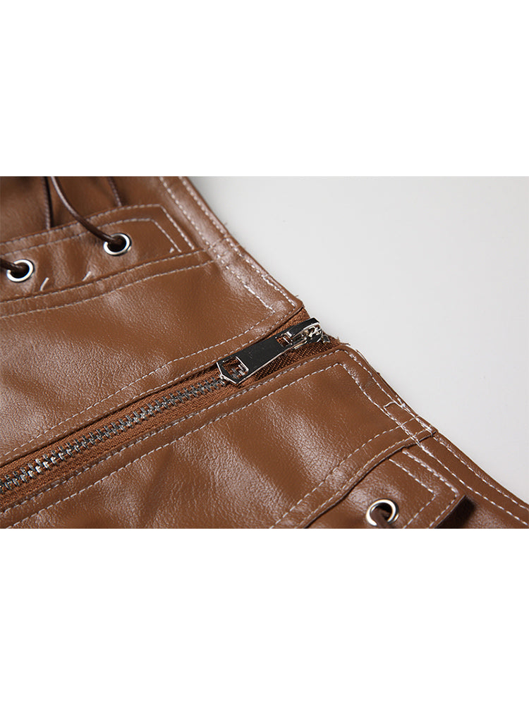 Retro højtaljede shorts i PU-læder med snøre til kvinder