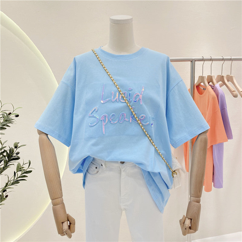 Women's Loose Short-sleeved T-shirt With Bronzing Letter Design Sense