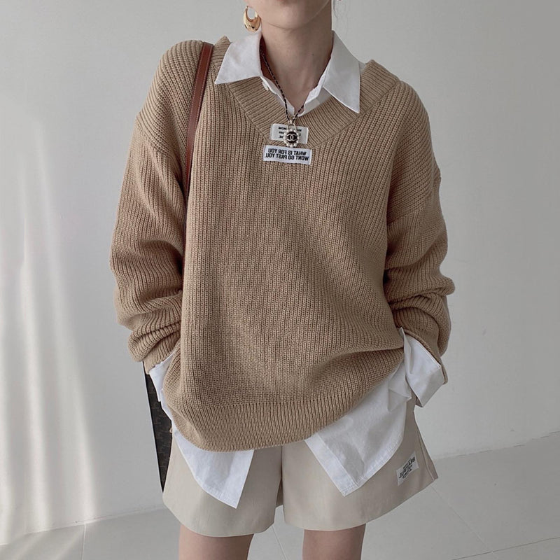 Løs pullover-sweater til kvinder i koreansk stil med V-hals
