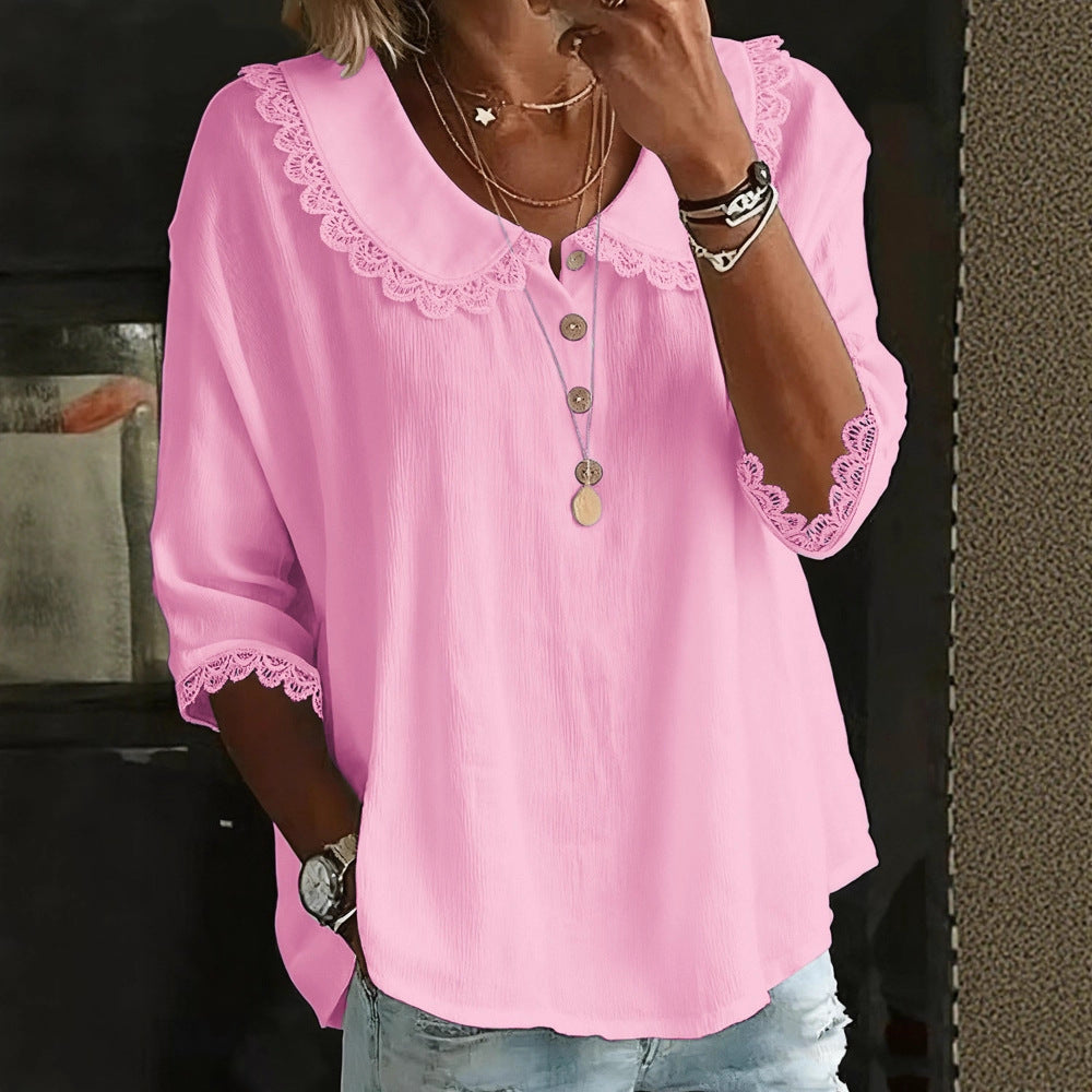 Fashionable Collar With Lace Trim, Solid-Color Button-Up Shirt