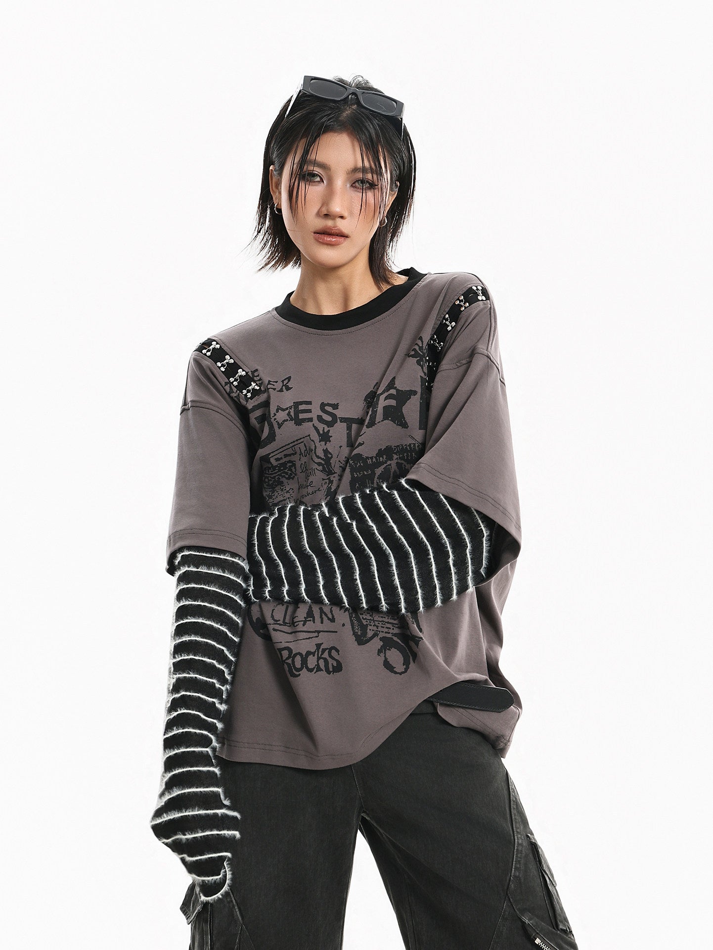 American-style Retro Letter-print Striped Long-sleeve Top