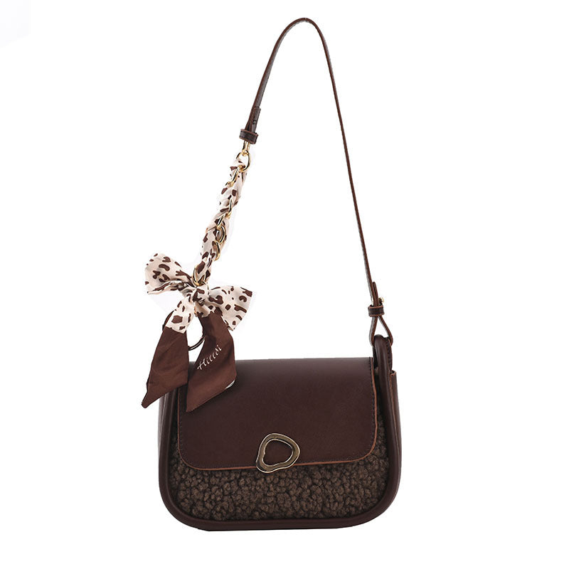 Stitching Lamb Velvet PU Small Round Bag