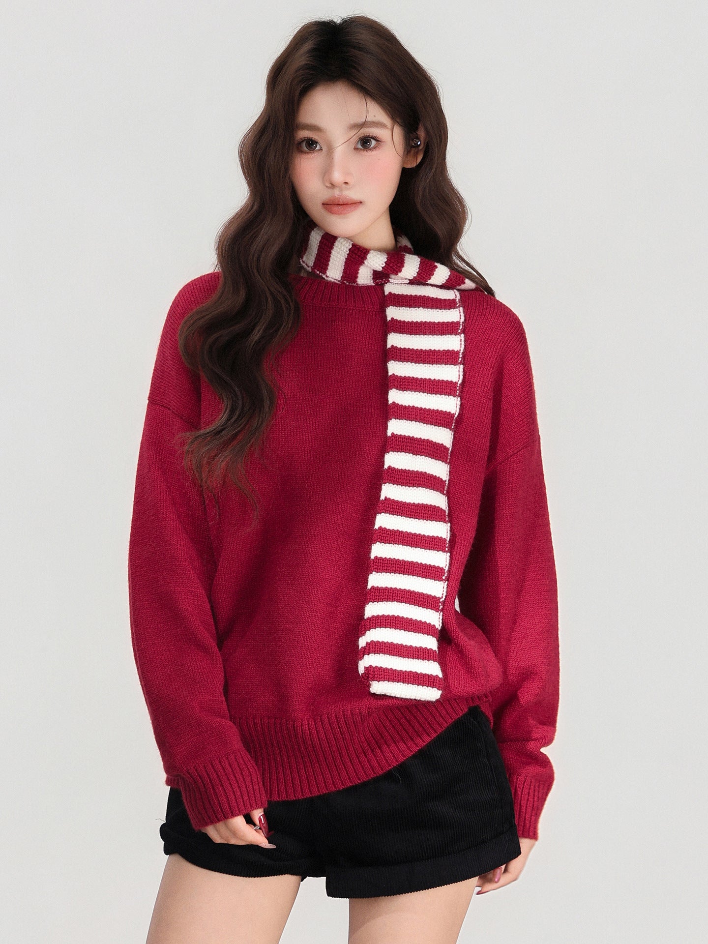 Striped Scarf Long Sleeve Coat Base Shirt Women