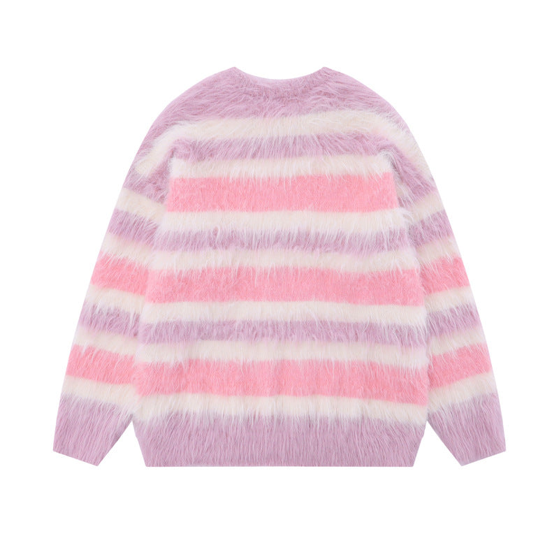 Contrast Color Striped Round Neck Sweater For Men And Women