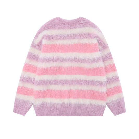 Contrast Color Striped Round Neck Sweater For Men And Women