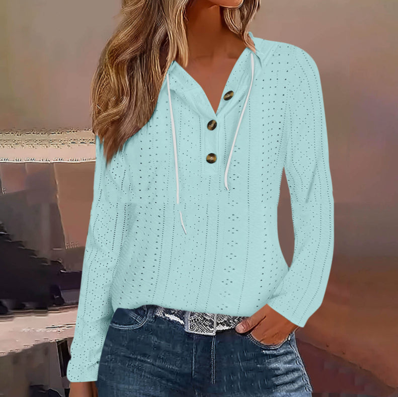 Autumn Solid Color Hollow Knitted Women's Long-sleeved Sweater