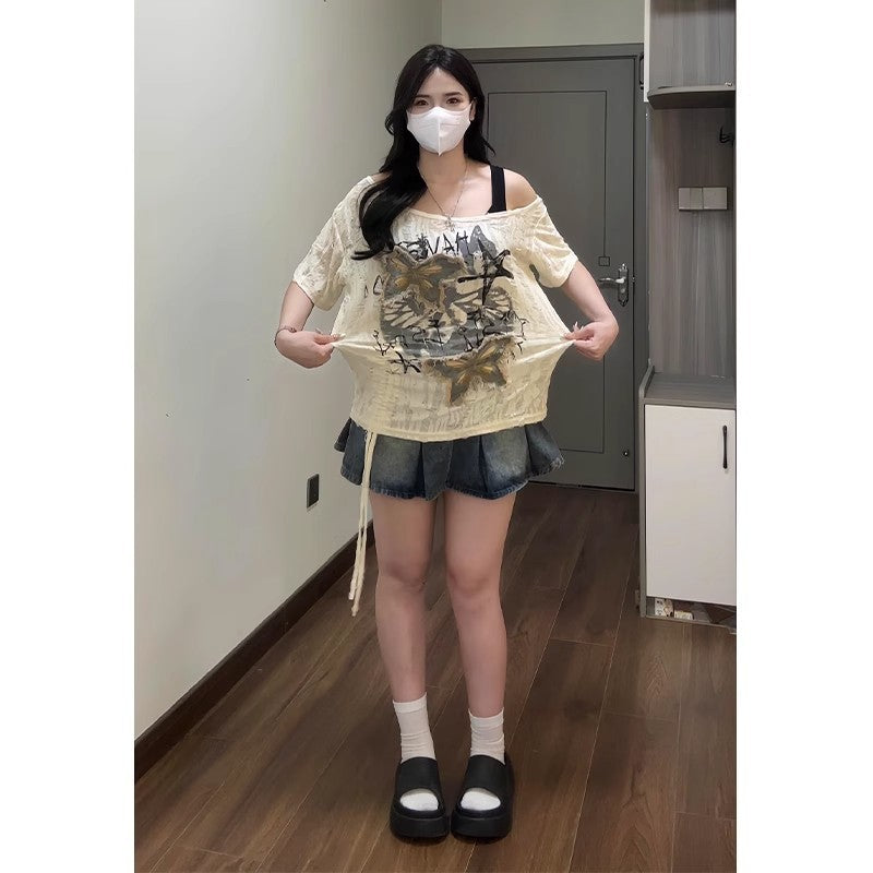 Slightly Fat Beautiful Butterfly Oblique Shoulder Tops Loose Short Sleeve