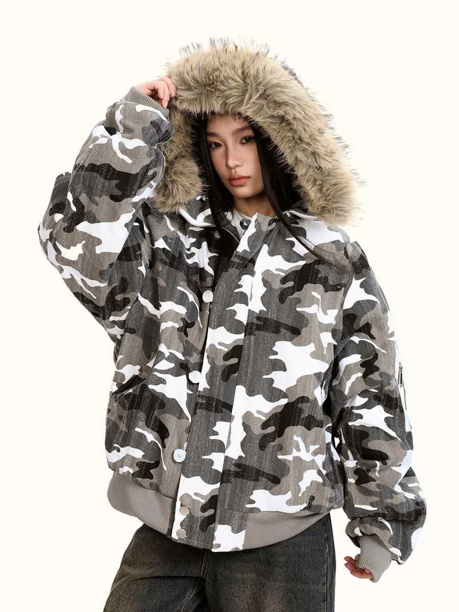 Løs Retro Camouflage Splejsning Pels Krave Bomuldsforet Jakke