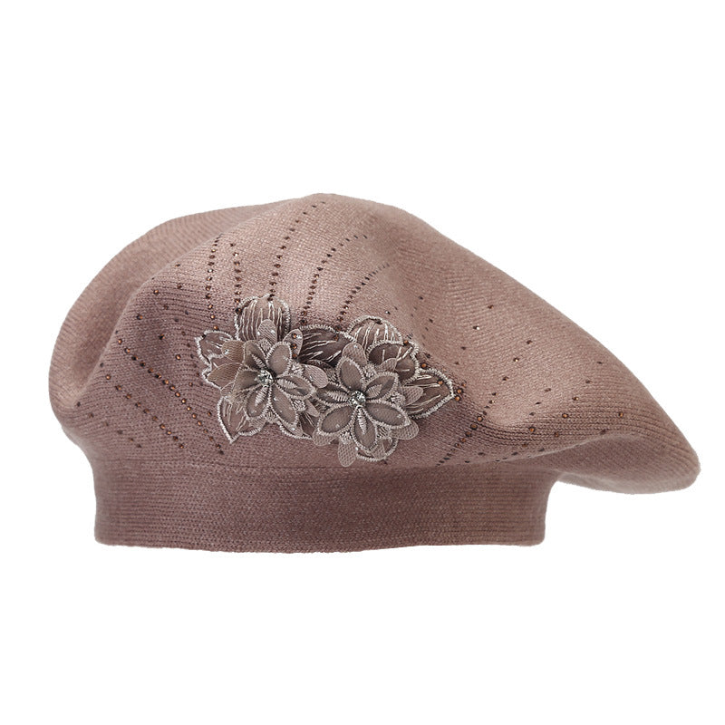 British Retro Beret Women's Fashion Flower Rhinestone Knitted Painting