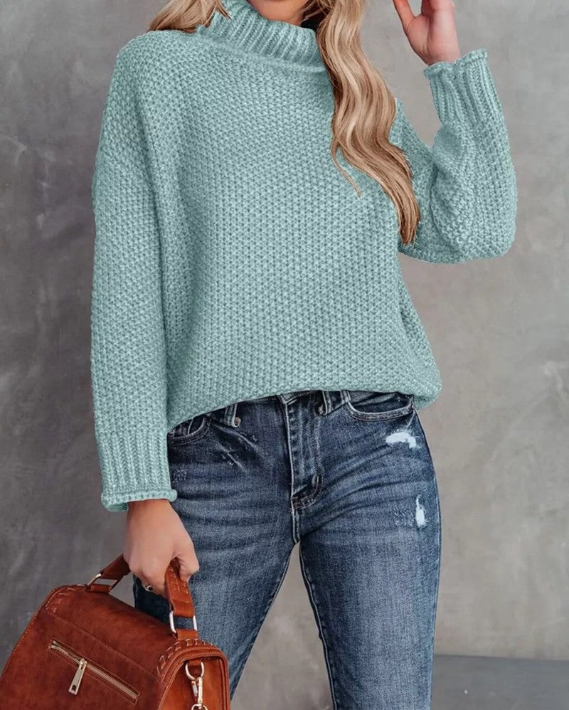 Women's High-neck Long-sleeve Rolled-edge Knit Sweater