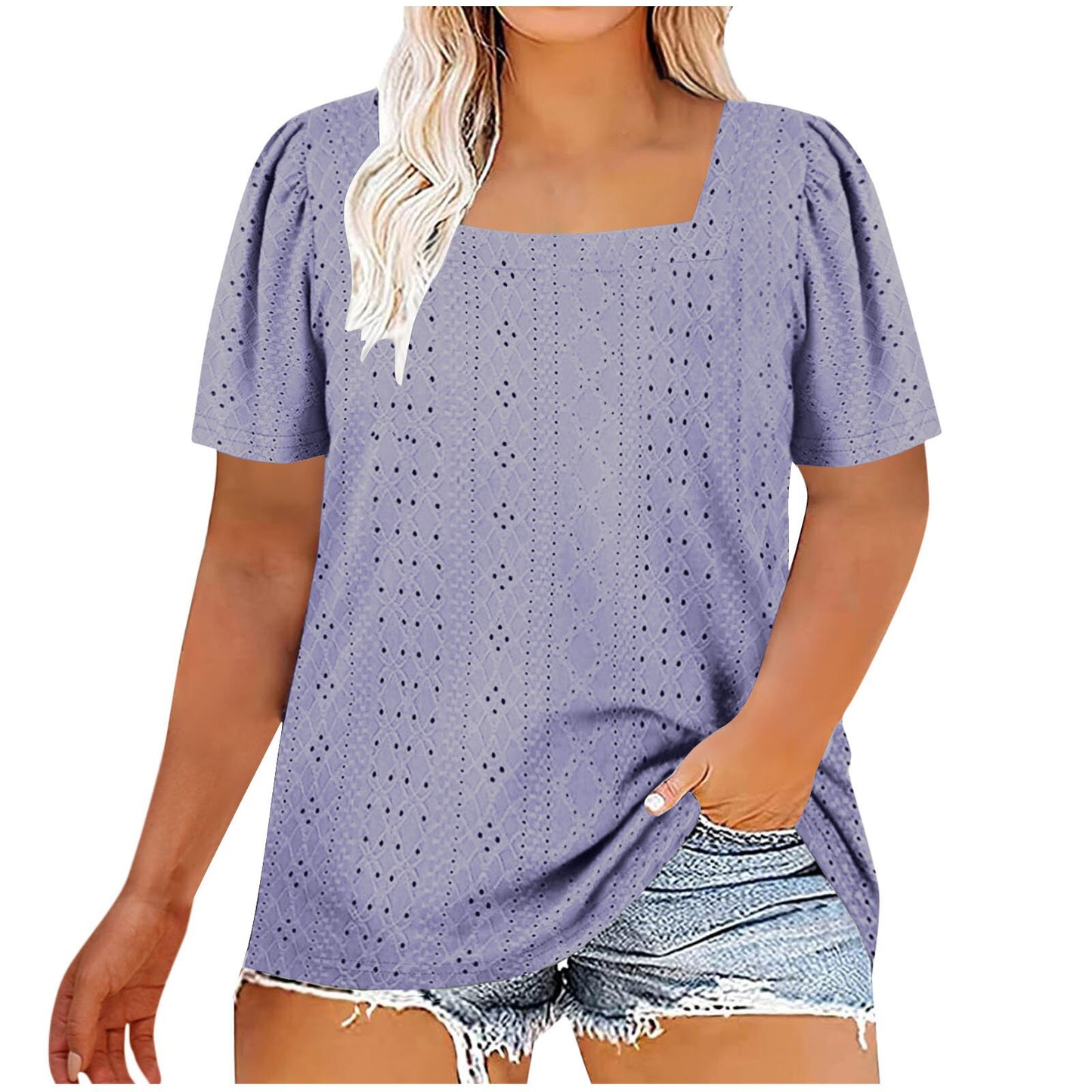 Casual U-neck Solid Color Hollow Loose-fitting T-shirt Top