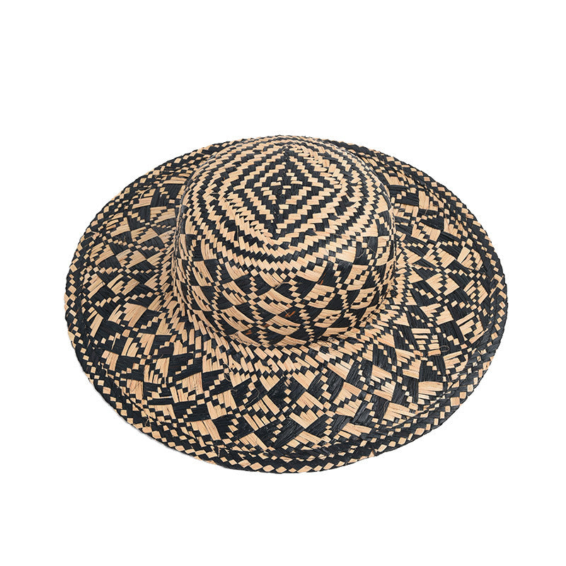 Large Brim Geometric Color-block Raffia Hat