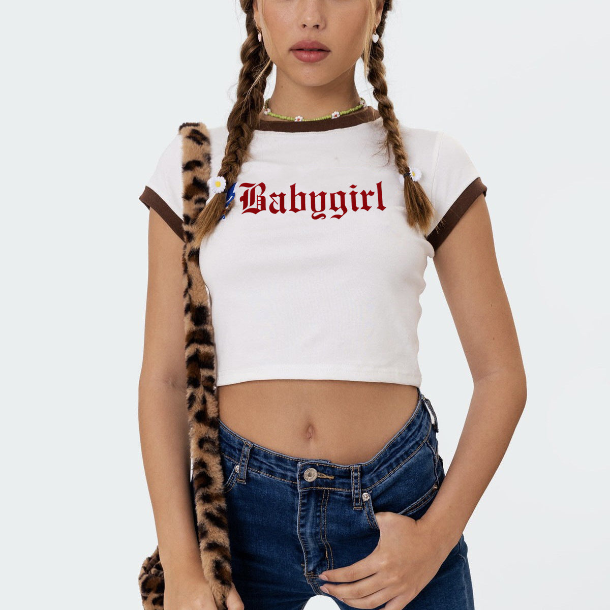Letter-print Contrast-color Slim-fit Short-sleeve T-shirt