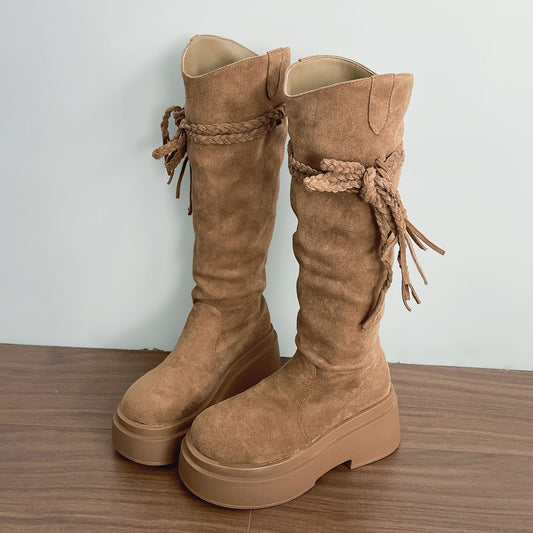 Retro Fashion Versatile Fringe Stacked Boots Women
